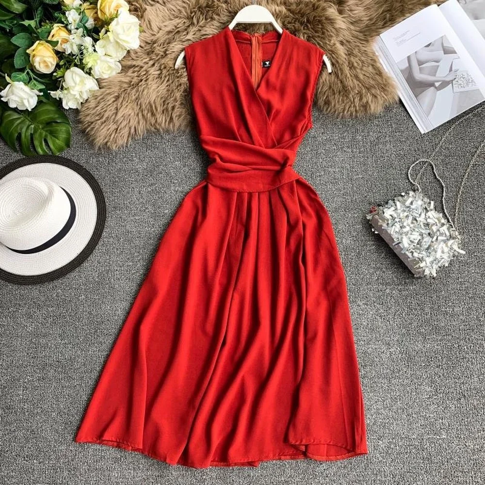 

Women's Dress Casual French Sexy V-neck Sleeveless Tie Mid-calf Dress Summer Chiffon Sashes Zipper Regular A-LINE Solid Empire