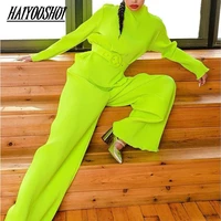 pleated pantsuit women stand long sleeve stretch pullover adjustable sashes solid elastic waist wide leg pants trouser suit
