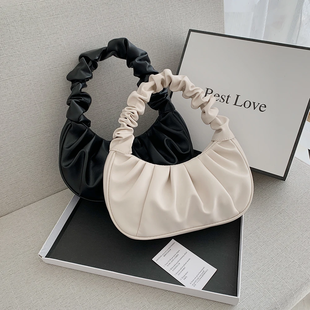 

Vintage Pleated PU Leather Women Small Handbags Fashion Snap Fastener Solid Color Ladies Mini Daily Underarm Shoulder Bags
