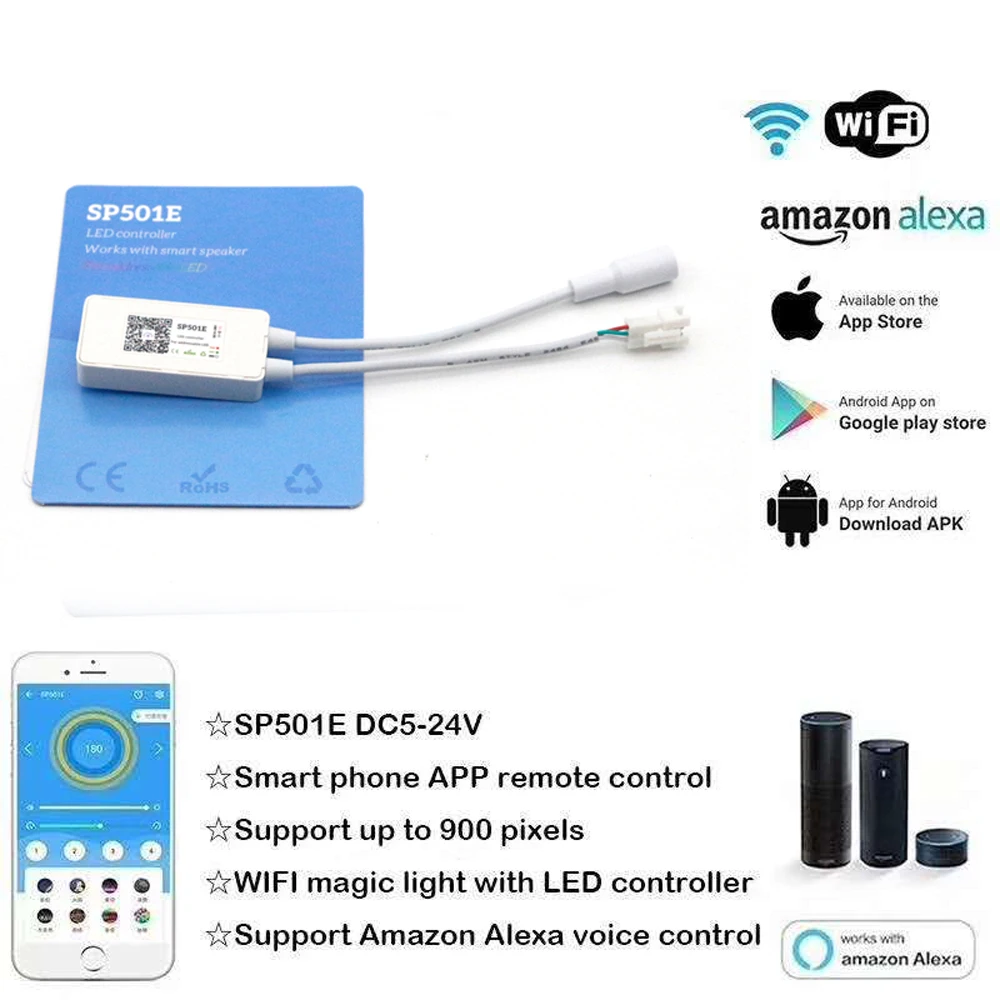 SP501E светодиодный Wifi светильник WS2812B SK6812 Управление Адресуемых RGB полосы Alexa Smart SPI