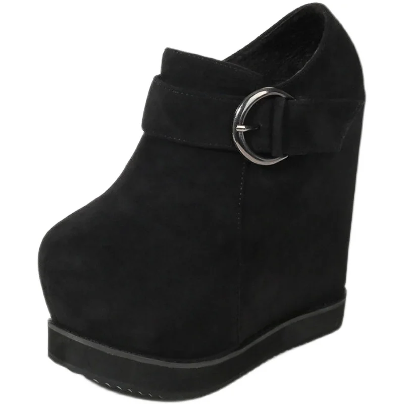 Женские ботинки с пряжкой на высоком каблуке 14 см туфли платформе круглым носком