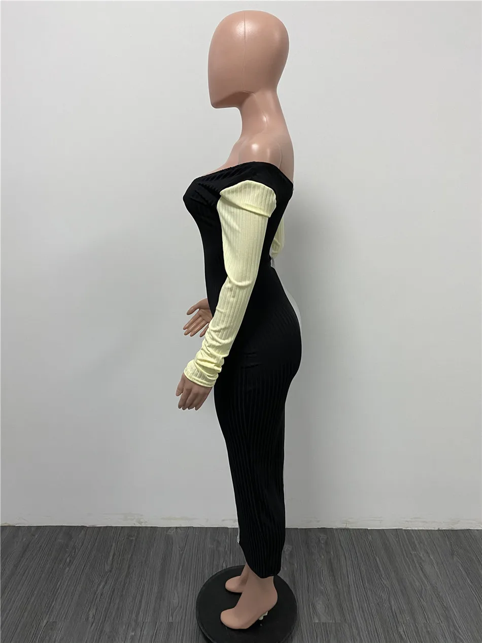

Women Maxi Dress Patchwork Ribbed Off Shoulder Sexy Bodycon Dress V-Neck Long Sleeve Dress Autumn Fashion Casual Dresses