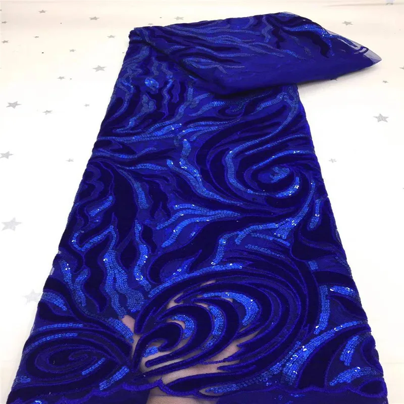 

African Sequin Velvet Net Lace Fabric Embroidered Nigerian Lace Fabrics For Wedding Royal Blue High Quality French Lace Fabric