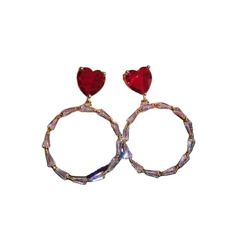 

Red Heart Circle Earrings Korea Fashion Jewelry Female Stud Earring Silver Needle Shinning Cubic Zirconia Jewelry