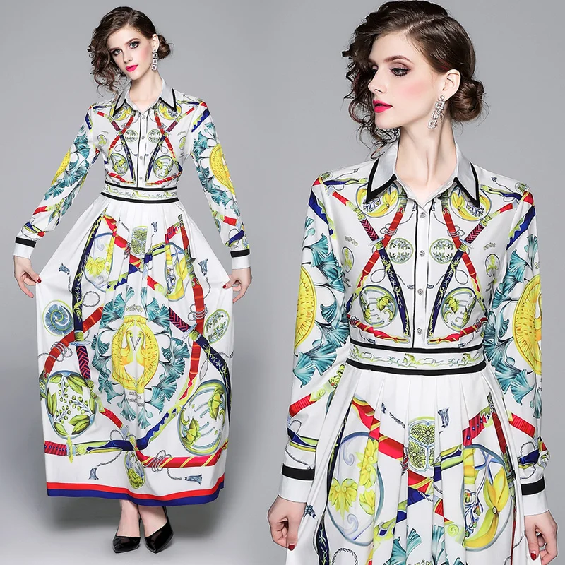 Женское платье с длинным рукавом и отложным воротником свободное белое принтом