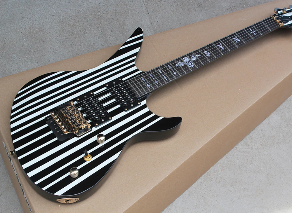 Черная электрическая гитара Tremolo с белой полосой золотая фурнитура подставка из