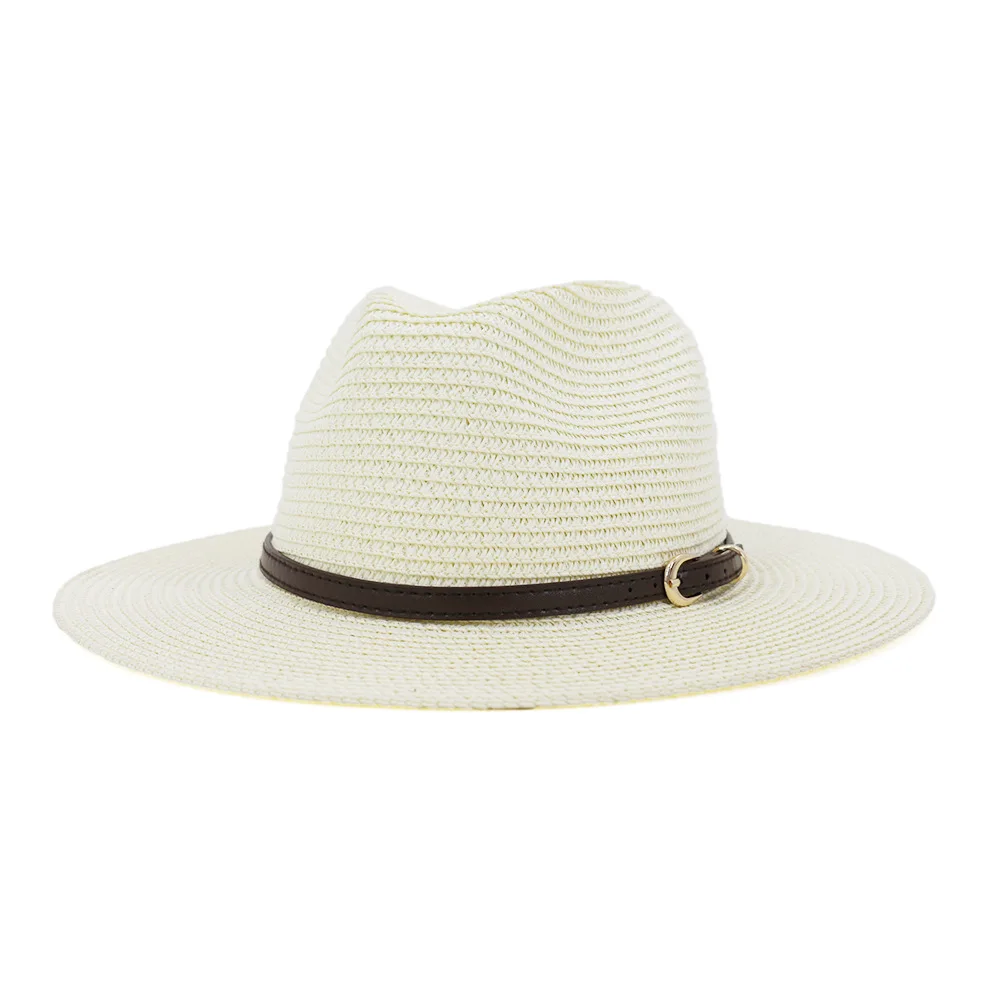 

New men and women outdoor travel beach sun hat solid color simple British Jazz hat belt buckle straw hat