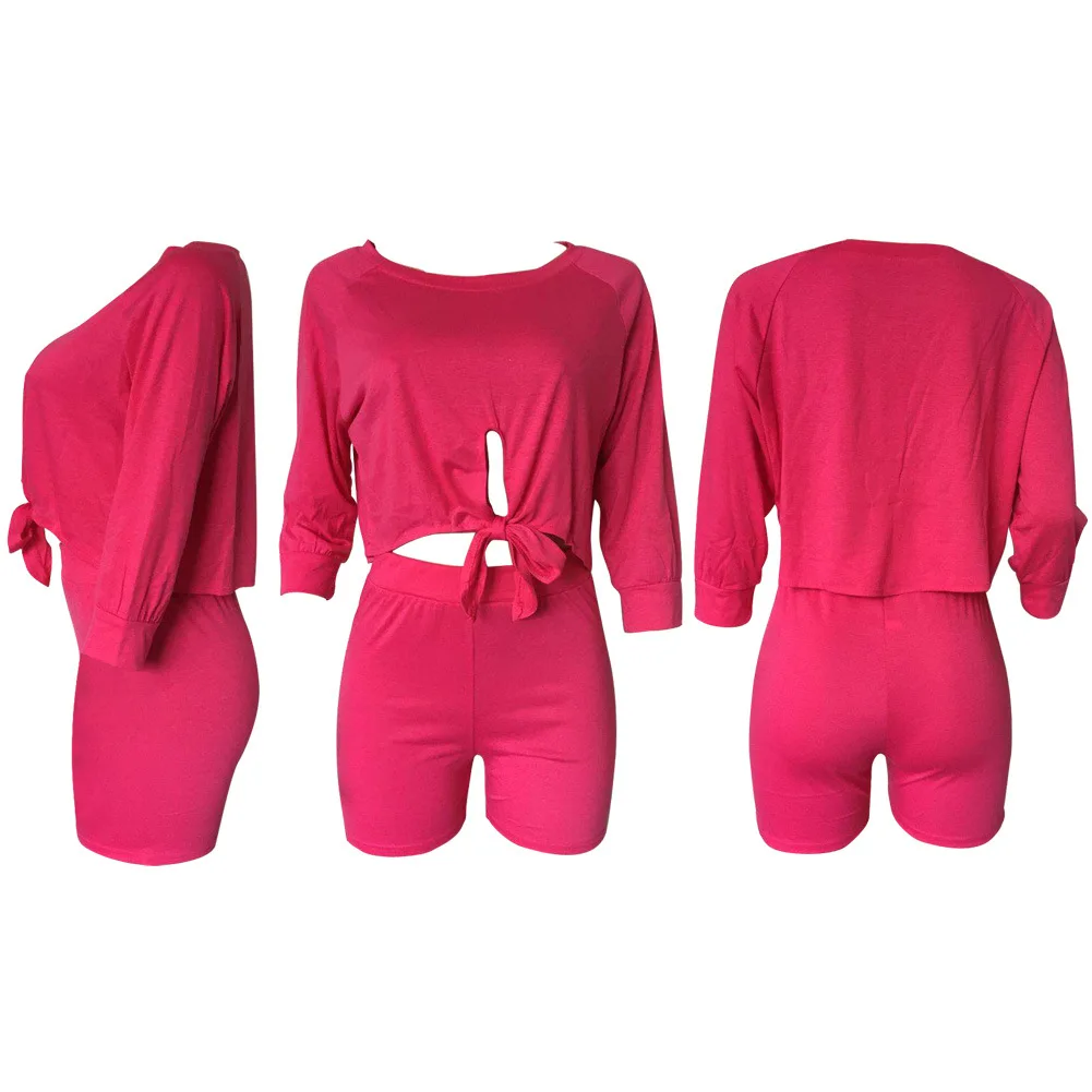 

2020 Summer Women's Suit European and American Hot Style Model Solid-color sashes bow Print Biker Shorts Two piece Set