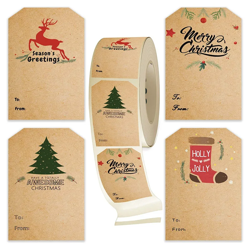 

2022 New 300 Pcs 4 Design Christmas Tree Reindeer Stocking Rectangular Shaped Kraft Paper Sticker Holiday Decoration Gift Tag