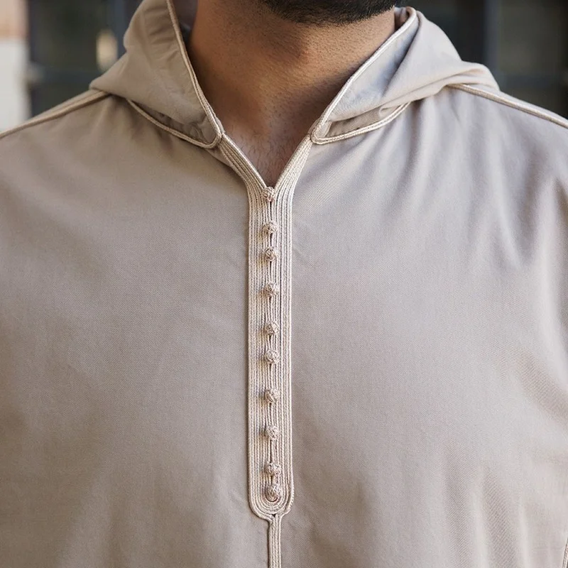 Traditional Black Long-sleeved Hooded African Ethnic Style Men's Long Shirts Casual Striped Muslim T-Shirt Chilaba Man 2022 New