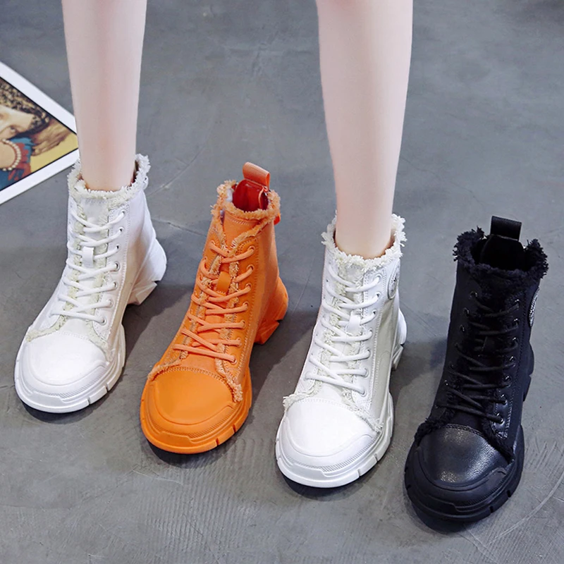 Женские парусиновые ботинки на платформе женские ботильоны с круглым носком и