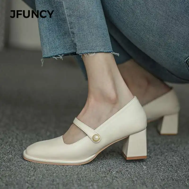 

JFUNCY Fashion Women Shoes Square Toe Mary Janes Shoe Female Thick Heel Fine Pearl Buckle Pumps Temperament Women Heels