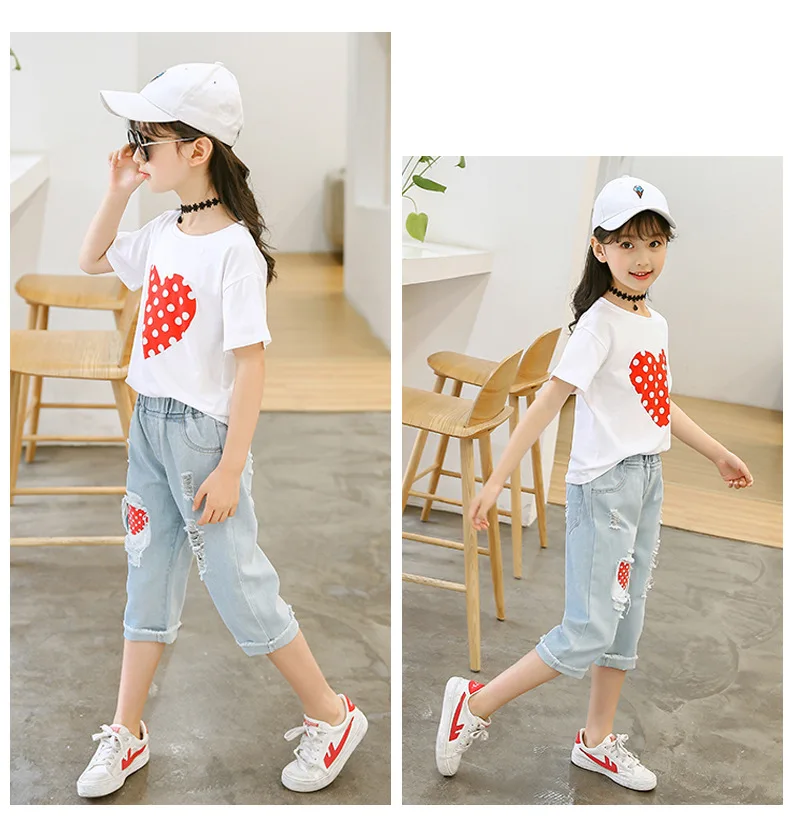 

Kids Summer Clothes Set for Girl White T Shirt And Ripped Jeans Children Outfits 6 8 10 12 Years Girls Clothing Suits