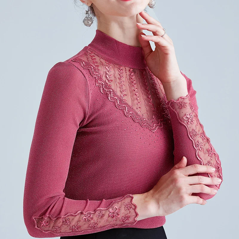 

New 2020 Autumn Winter Long Sleeve Woman's T-Shirt Fashion Casual Turtleneck Mesh Tops Plus Size Women Clothing