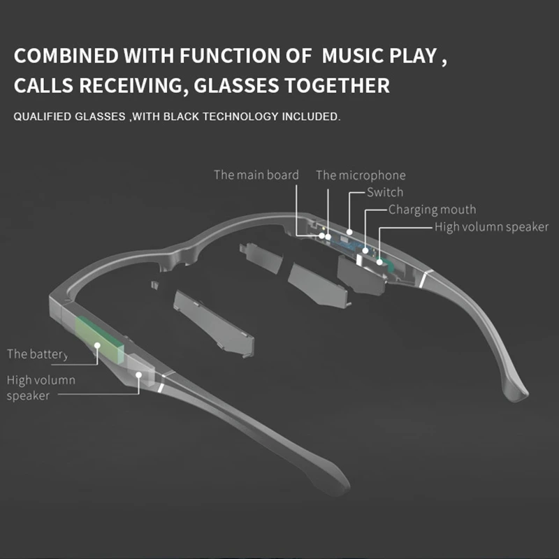 저렴한 K2 스마트 안경 무선 블루투스 핸즈프리 전화 오픈 이어 편광 선글라스, 블랙 그레이 엣지
