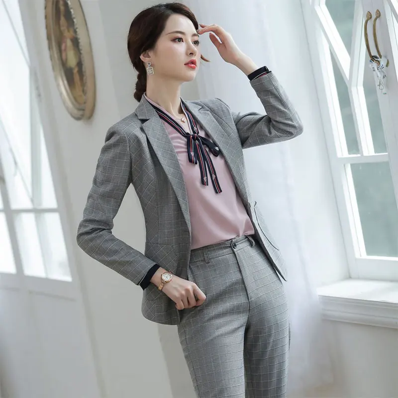 IZICFLY New Style Spring Gray Plaid 2 Piece Sets With Pants Outfits Business Slim Office Blazer Suits Womens Work Wear