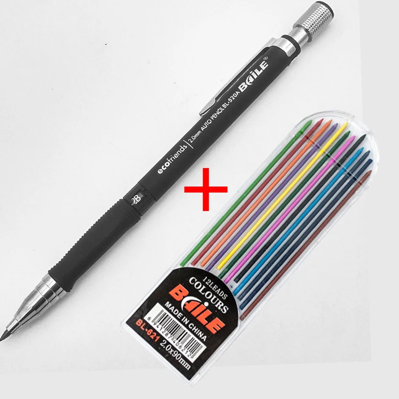Black pen BC 1 шт. механический карандаш, 2,0 мм свинцовый стержень, черный/синий/серебристый бочонок автоматический карандаш для экзамена Рисование школьные офисные принадлежности - Цвет: Black pen BC