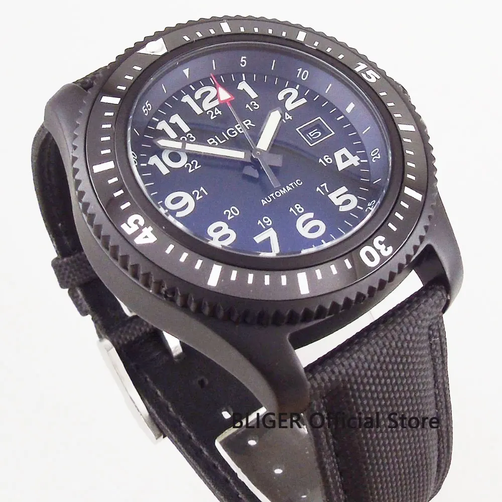 Bliger повседневные 44 мм черный циферблат PVD светящиеся знаки календарь вращающаяся