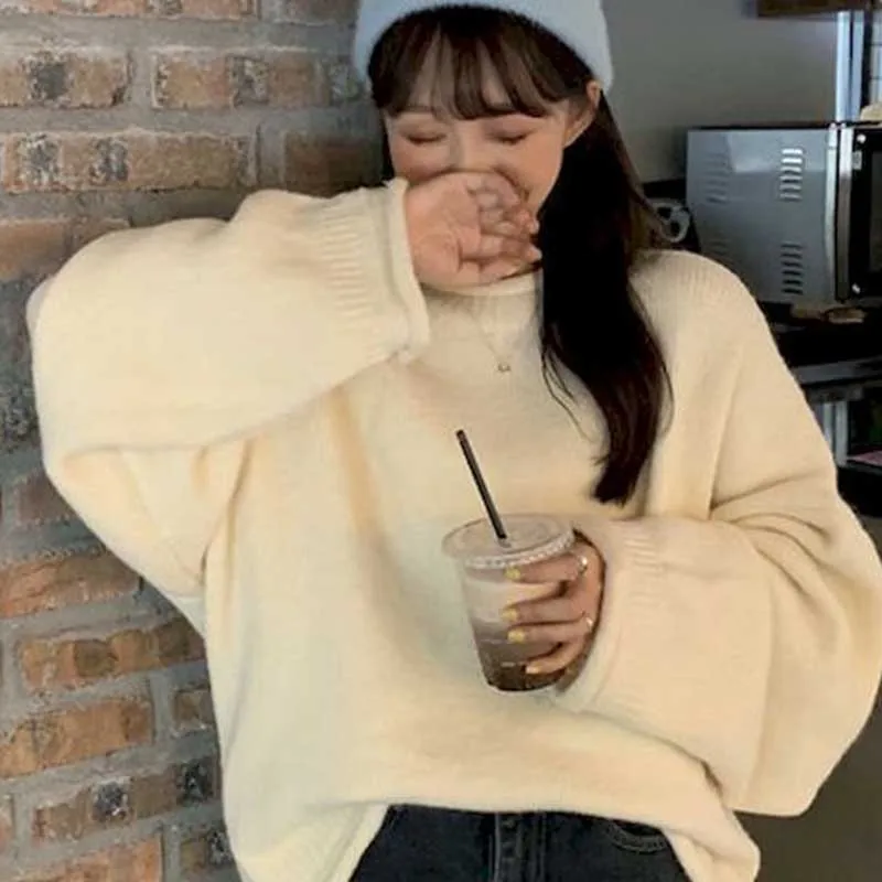

2021 New Half Turtleneck Pullover Long Sleeve Sweater Female Student Autumn/Winter Korean Version Loose Lazy Candy Color Crimpin