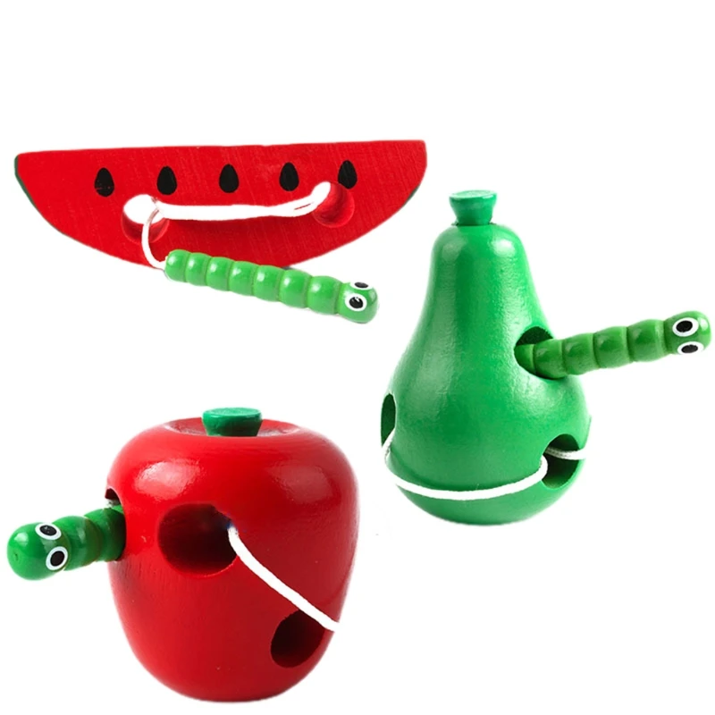 

1Pc Montessori Threading Teaching Aid for Activity Center Wooden Simulated Worms with Realistic Fruits Life Skill Learni