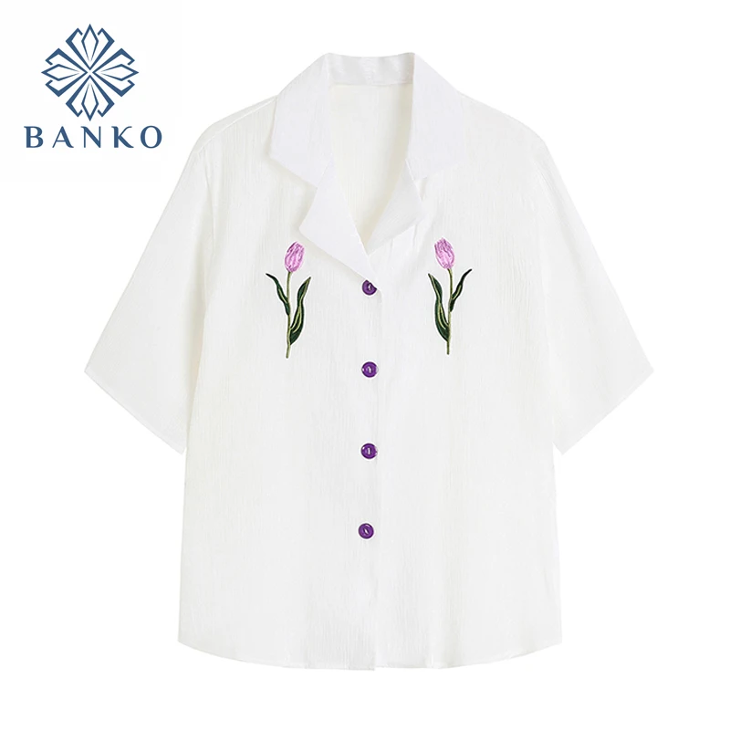 

Женская блузка с цветочной вышивкой, тонкая свободная винтажная блузка с полурукавами в Корейском стиле, повседневный топ для лета, 2021