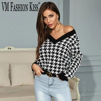 vm fashion kiss autumn winter ladies houndstooth sweater black plaid long sleeve pullover sweater v neck pull femme loose tops