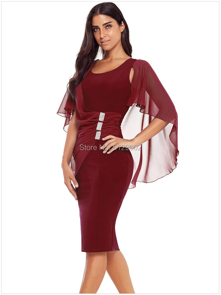 Blue Simple Cocktail Dresses Knee Length Formal Lady Stretch Dress With Chiffon Shawl Burgundy Black Purple Women Cheap | Свадьбы и