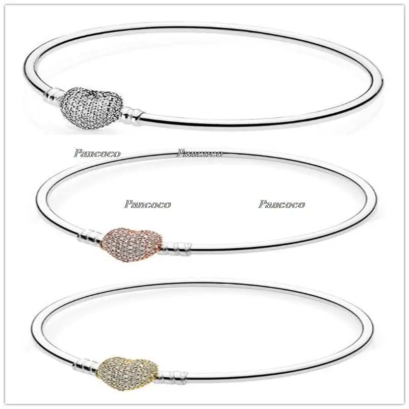 

925 Sterling Silver Bangle Moments Pave Heart Clasp With Crystal Bracelet Bangle Fit Bead Charm Fashion Jewelry