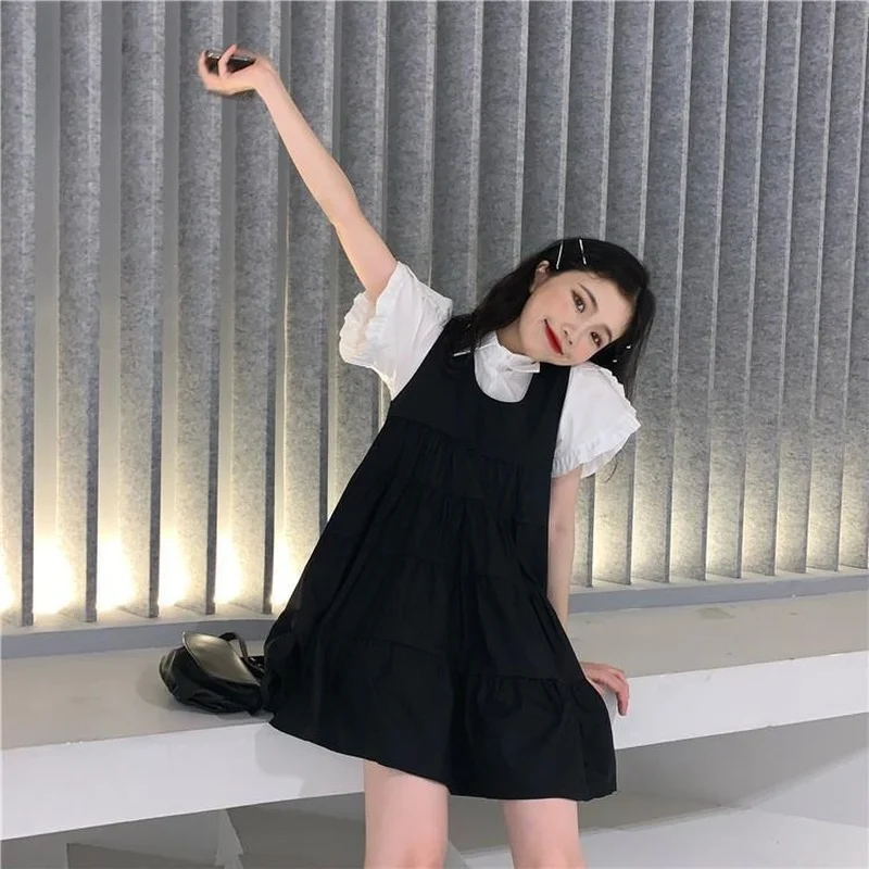 

Two-piece Fashion Spaghetti Strap Dress Set 2021 Summer New Cute Kawaii White Shirt + Black Sling Dress Women Suit Female Y155