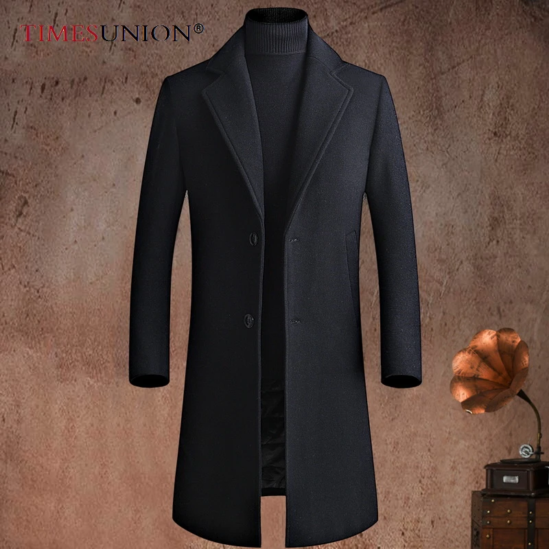 

Winter New Lined With Padded Cotton and Thickened Men's Coat Lapel Woolen Coat Single Breasted Slim Mid Length Trenchcoat Men