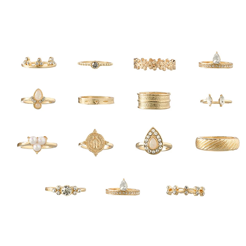 15 Pcs/Set Lady Rings Gold Virgin Mary Flower Crown Crystal Pearl Geometry Finger Ring Set Fashion Party Jewelry Accessories | Украшения и