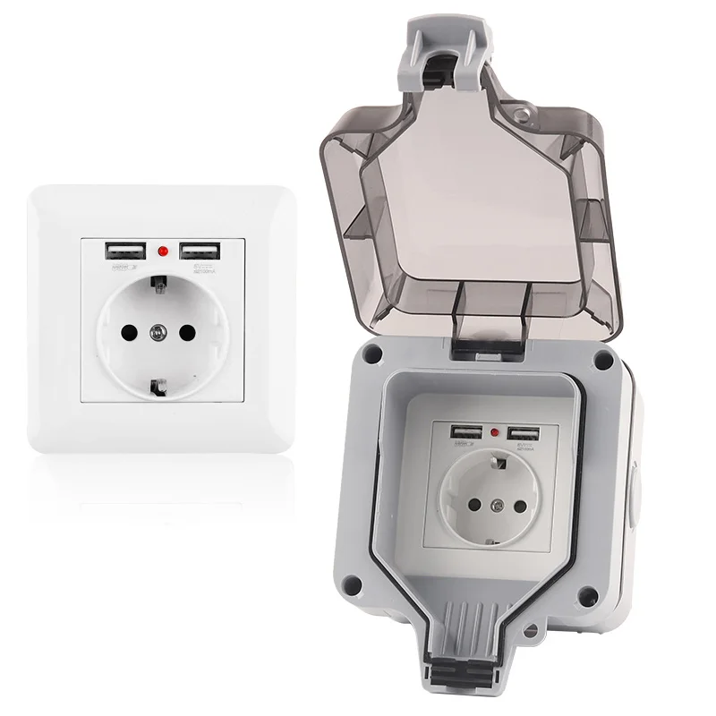 

IP66 EU Germany Standard Weatherproof Waterproof Outdoor Wall Power Switch Socket Large Plug With USB 16A For Home Garden