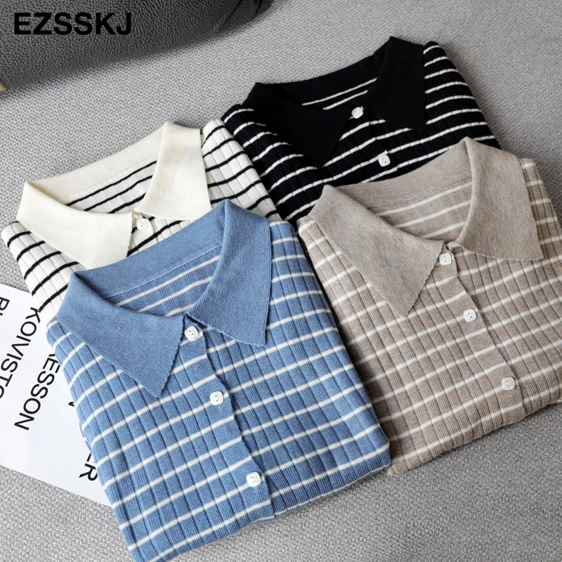 Осенне-весенний Полосатый Тонкий вязаный укороченный свитер пуловеры для женщин