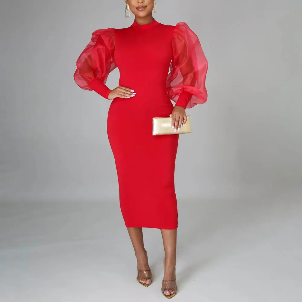 

Charming Midi Dress Half High Collar Intellectual Elegant Dress Mesh Lantern Sleeve Women Bodycorn Dress