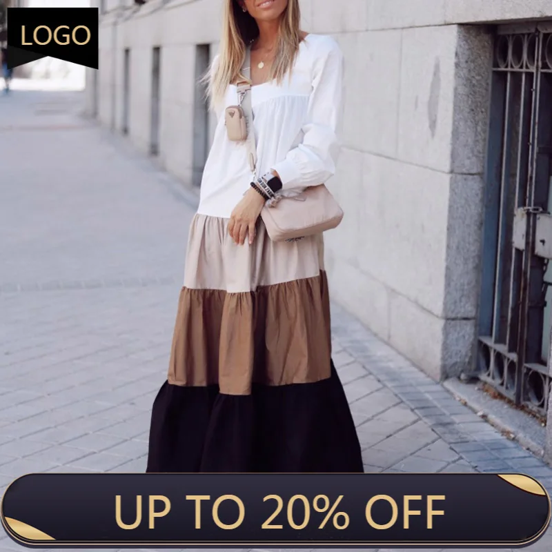 

Women Retro Long Sleeve Patchwork Pleated Dress Spring Sexy Slash Neck Party Dress 2021 Autumn Loose Casual Dresses 2XL Vestidos