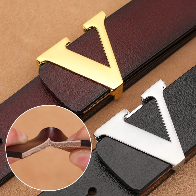  New Men's Retro Glossy Buckle Belt Genuine Leather Pure Cowhide Letter V Pants Belt Fashion All-match Designer Belt