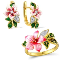 kofsac 2020 hot sale 925 silver jewelry sets for women enamel red flower zircon gold rings earrings lady engagement accessories