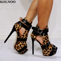 kolnoo handmade newest womens stiletto high heeled sandals leopard peep toe sexy platform buckle strap fashion party hot shoes