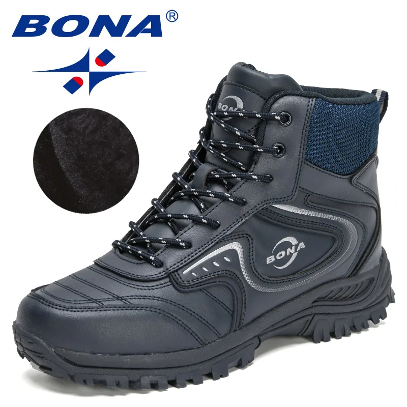 BONA 2022 New Designers Winter Ankle Outdoor Action Leather Boots Men Hiking Shoes Trekking Boots Man High Top Plush Snow Boots