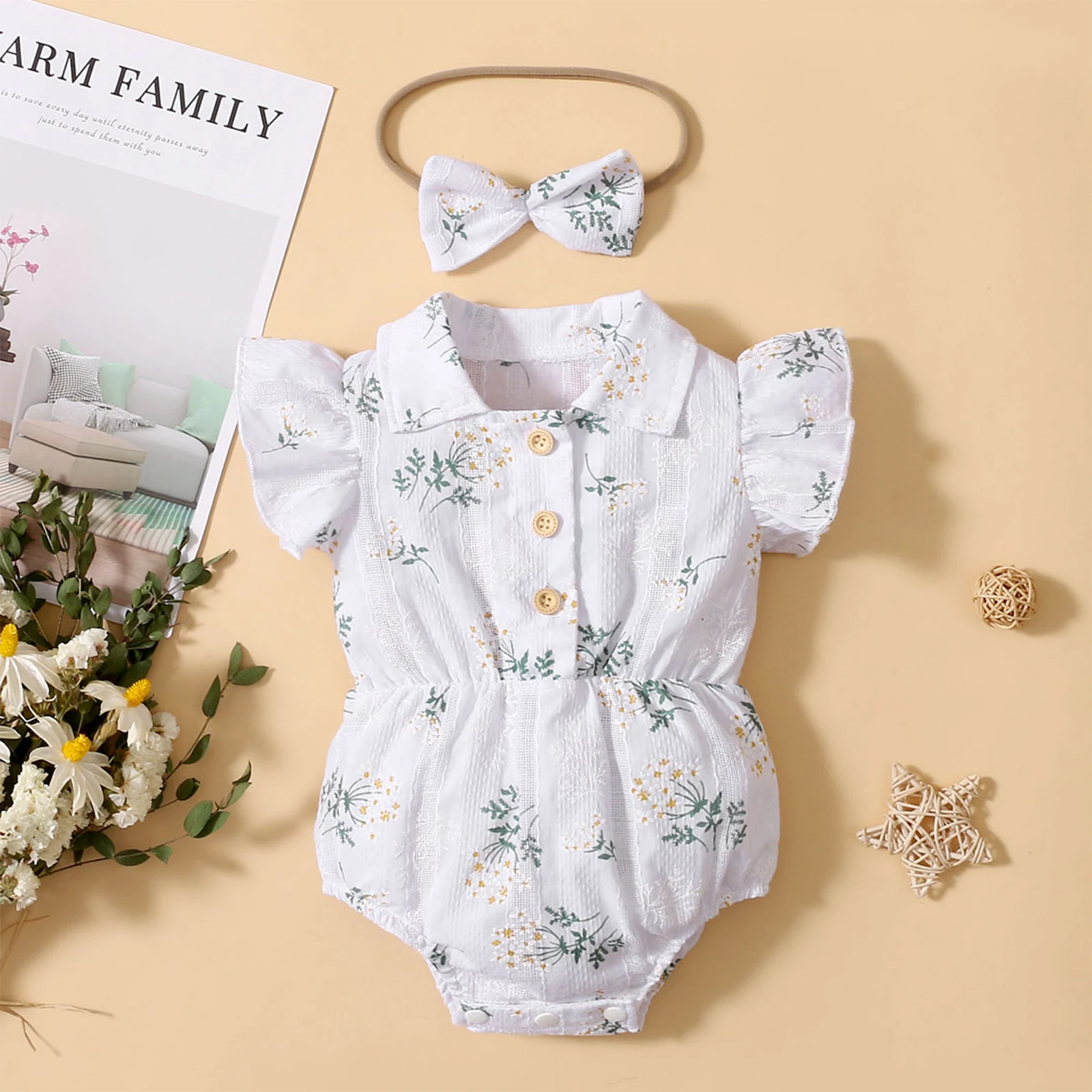 

2Pcs Toddler Summer Outfit, Floral Turn-Down Collar Short Sleeves Romper + Hair Rope for Baby Girls, 0-18 Months