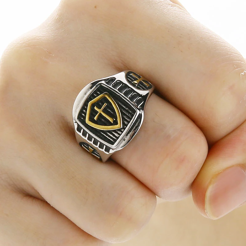 Valily Ретро властительный щит рыцарь крест кольцо золотой мужской из нержавеющей