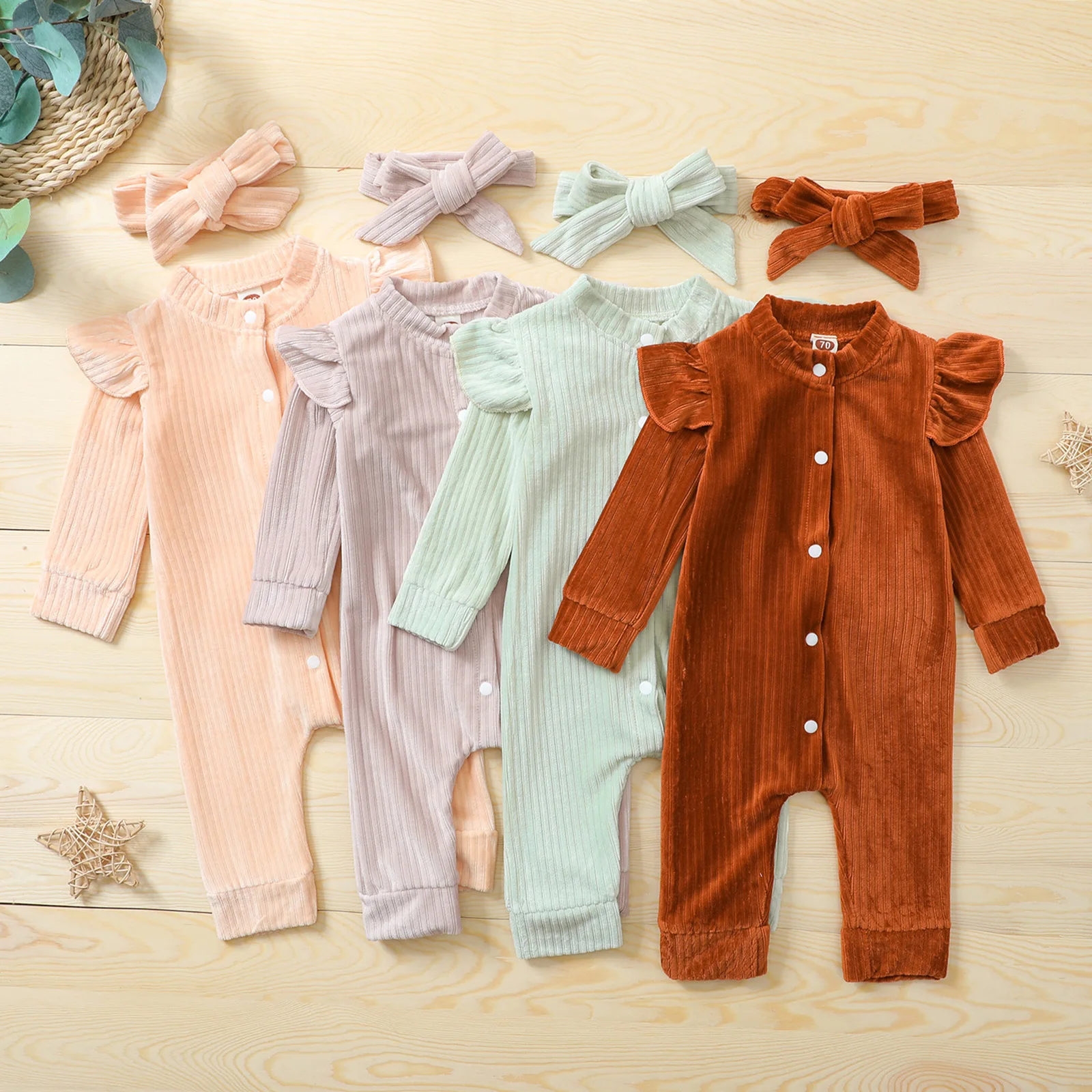 

2Pcs Baby Boys Girls Spring Autumn Casual Clothes Set Solid Color Long Sleeve Button-down Velvet Romper and Headdress
