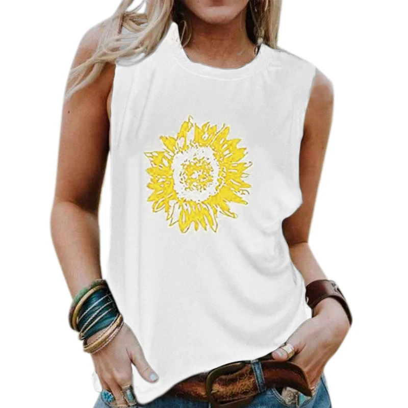 

Women Fashion Sunflower Print Tank Tops Sleeveless Round Neck Soft Trendy Camisole Hipster Streetwear Tee Ropa Mujer