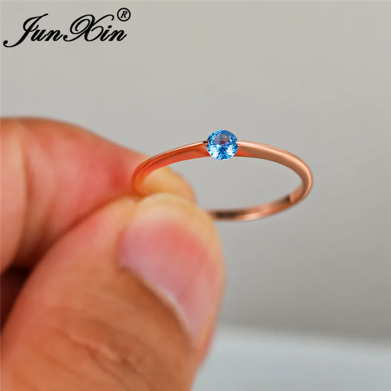 Aqua Blue Ring Минималистическое тонкое кольцо с камнем, синий, черный, красный кристалл, круглые обручальные кольца 925, серебряные розовые золотые обручальные кольца для женщин - Цвет основного камня: Aqua Blue Ring