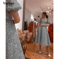 verngo sparkly a line short puff sleeves prom dresses glitter strapless tea length evening gowns women 2021 formal party dress