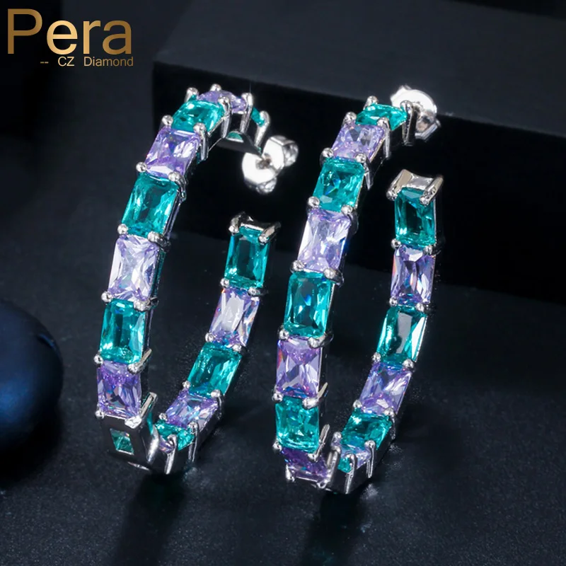 

Pera Princess Cut Mix Light Bule Purple Color CZ Crystal Paved Mystic Circle Round Big Square Women Hoop Earrings Jewelry E456