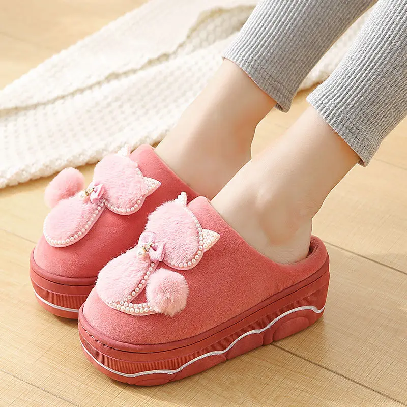 girl ladies rhinestone slippers thick platform house fur slides women cute cat slippers push home shoes memory foam flurry slide free global shipping