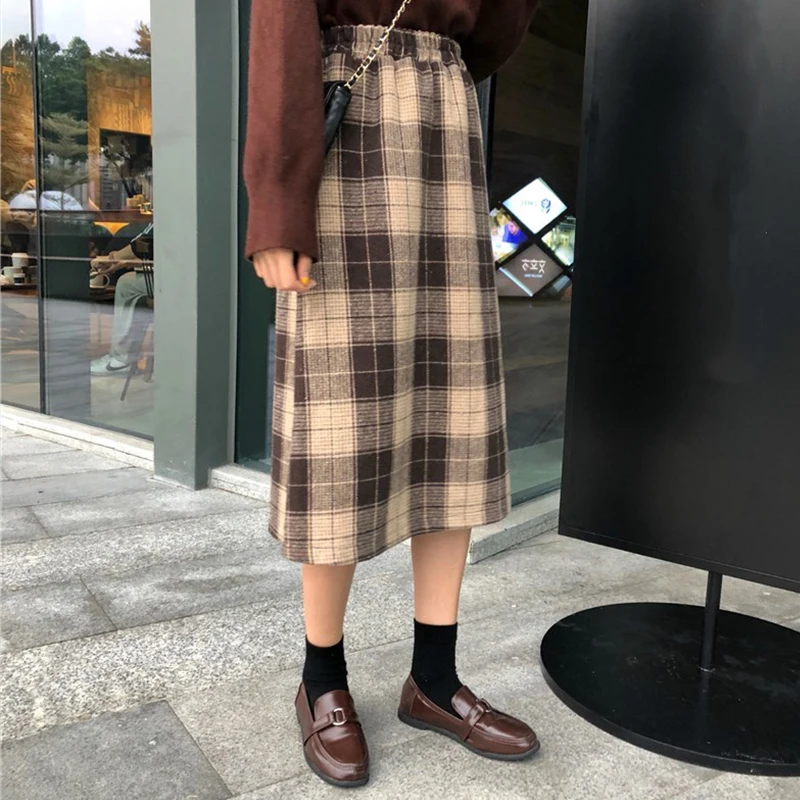 2019 корейская женская Зимняя шерстяная юбка с высокой талией а-силуэт в клетку