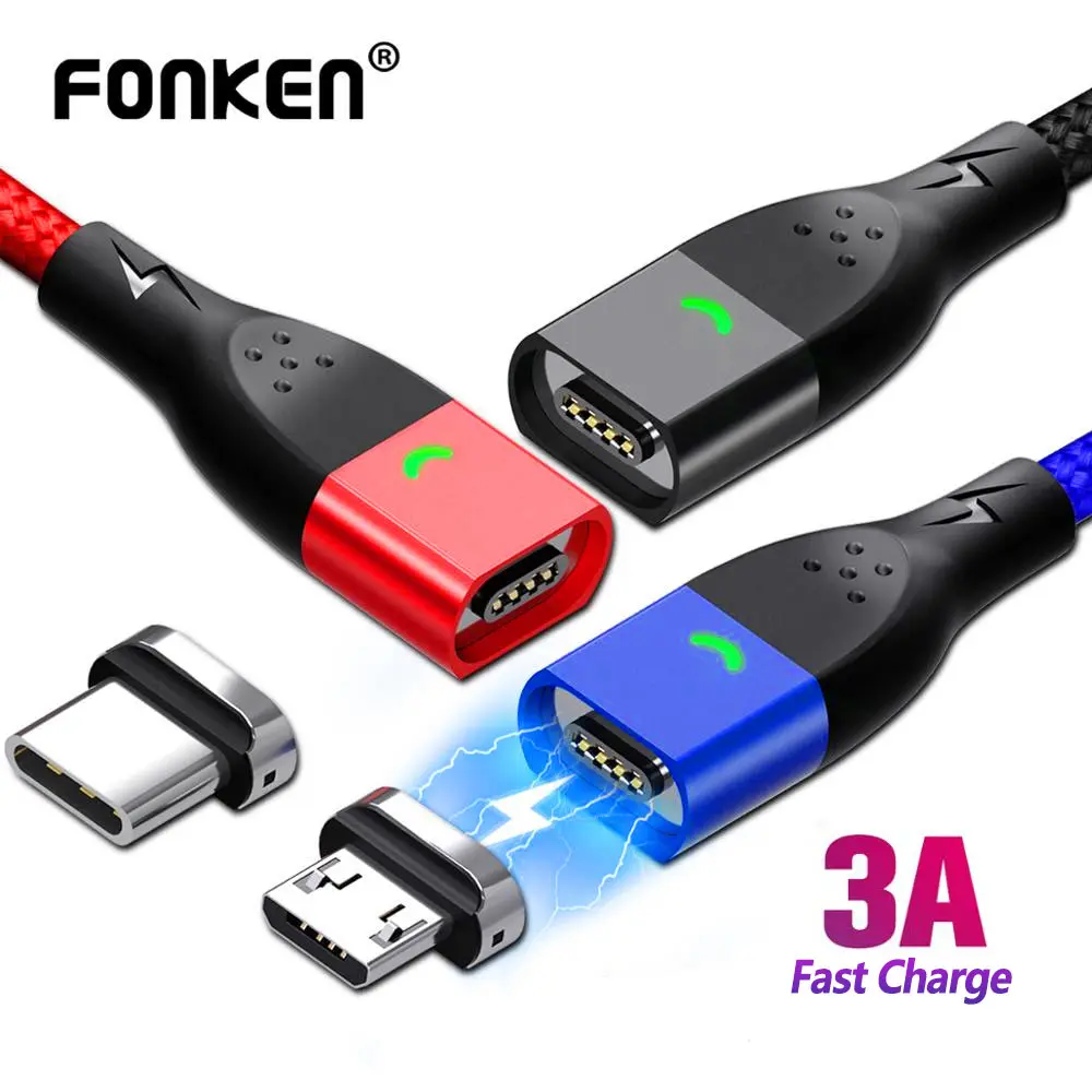 Магнитный кабель FONKEN usb type-C, кабель Micro USB для быстрой зарядки, 1 м, 2 м, магнитное быстрое зарядное устройство для мобильного телефона, usb-c, светодиодный кабель для передачи данных