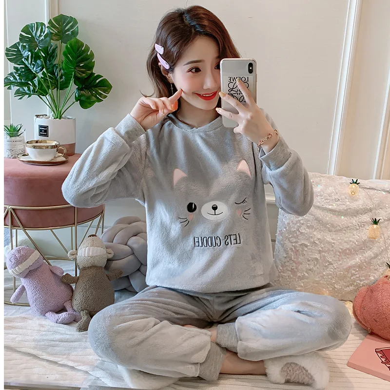 q9651 gray Зимняя женская пижама, комплект, мультяшная теплая Пижама, женская ночная одежда, пижама с животным принтом, полный рукав, 2 шт., Пижама, женская ночная одежда, пижама - Цвет: q9651 gray